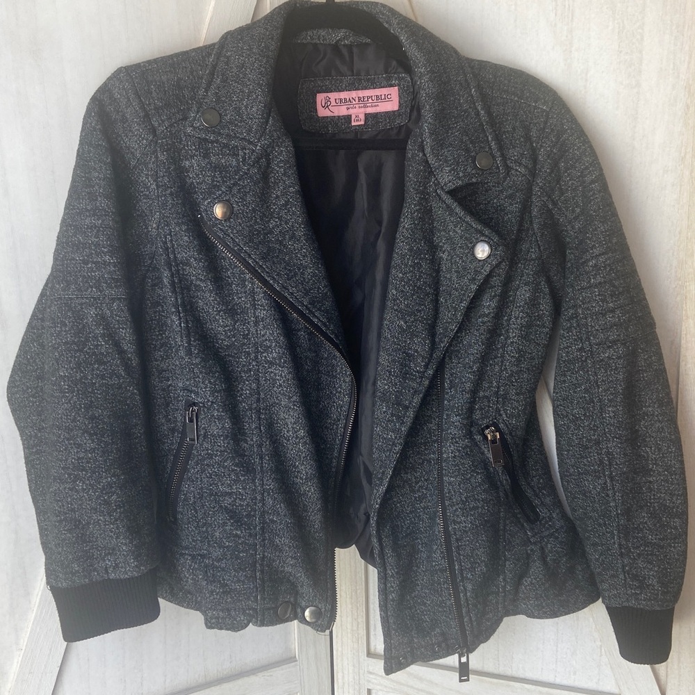 Girls Soft Moto Jacket with Ruffle Hem Charcoal Heather, Size 16